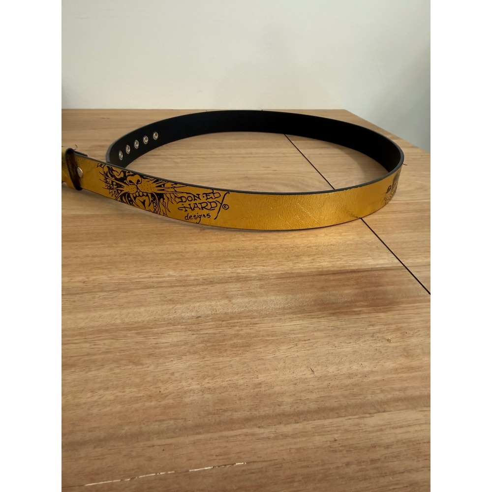 Ed Hardy Designs Mens Metallic Gold Tattoo Graphic Belt